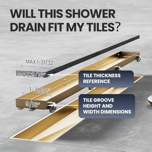 LISEEGO Linear Shower Drain 12 Inch Gold, Shower Drain with 2-in-1 Tile Insert Panel, Brushed AISI 304 Stainless Steel Linear Drain for Fast Drainage, Floor Drain for Bathroom, Kitchen, Garage & More by LISEEGO - Used condition - Image 4