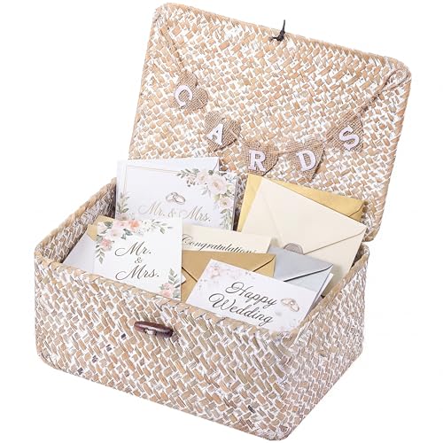 Image of Geelin Sea Grass Wedding Card Basket With Letter Flag Decorative Wedding Card Woven Post Box Suitable For Baby Showers Birthdays Graduation Ceremonies Bridal Showers(11 Inch,White)