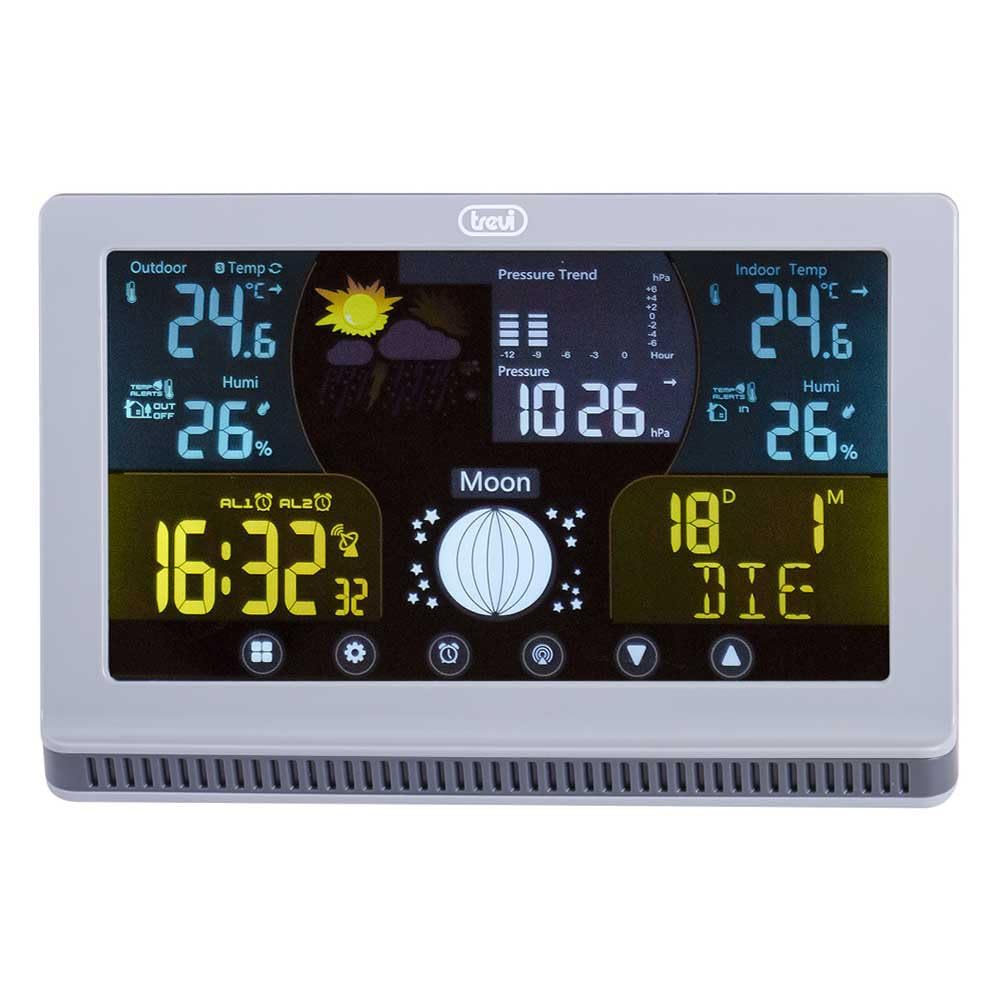Trevi ME 3P70 RC Estación meteorológica con sensor exterior y controles táctiles, indicaciones termómetro, humedad y fase lunar, alarmas programables con función Snooze, calendario multilingüe