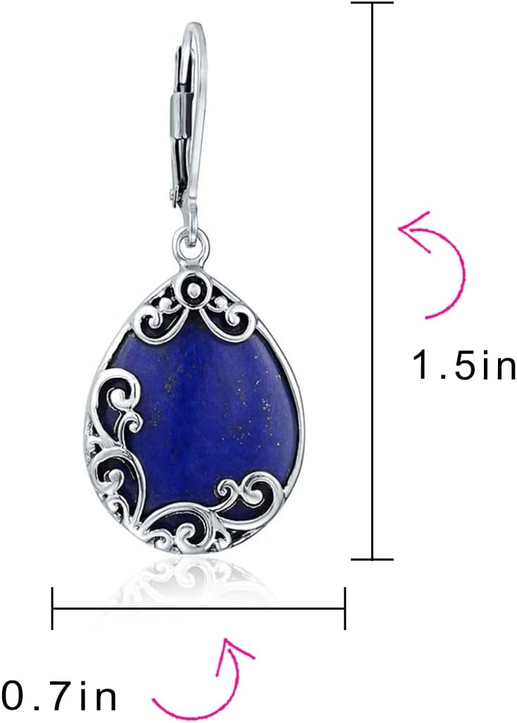 Boho Western Birthstones Semi Precious Gemstone Large Flat Teardrop Filigree Scroll Lever Back Dangle Earrings For Women Oxidized .925 Sterling Silver - Image 4