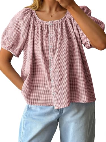 Tankaneo Womens Puff Sleeve Gingham Blouse Summer Plaid Crew Neck Cute Tops Trendy Casual Button Down Shirts Red