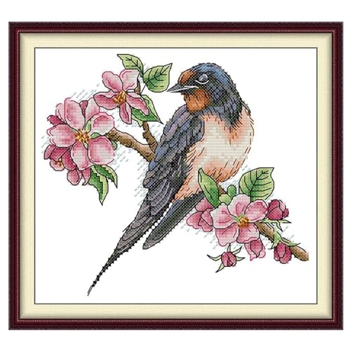 Peach Blossom Bird Painting Cross Stitch Kits for Adults, Blossom Bird Pattern Counted Pattern Needlepoint Kits Crafts Dimensions Cross-Stitch Stamped Kits Embroidery Arts Craft Kits for Wall Art Gift