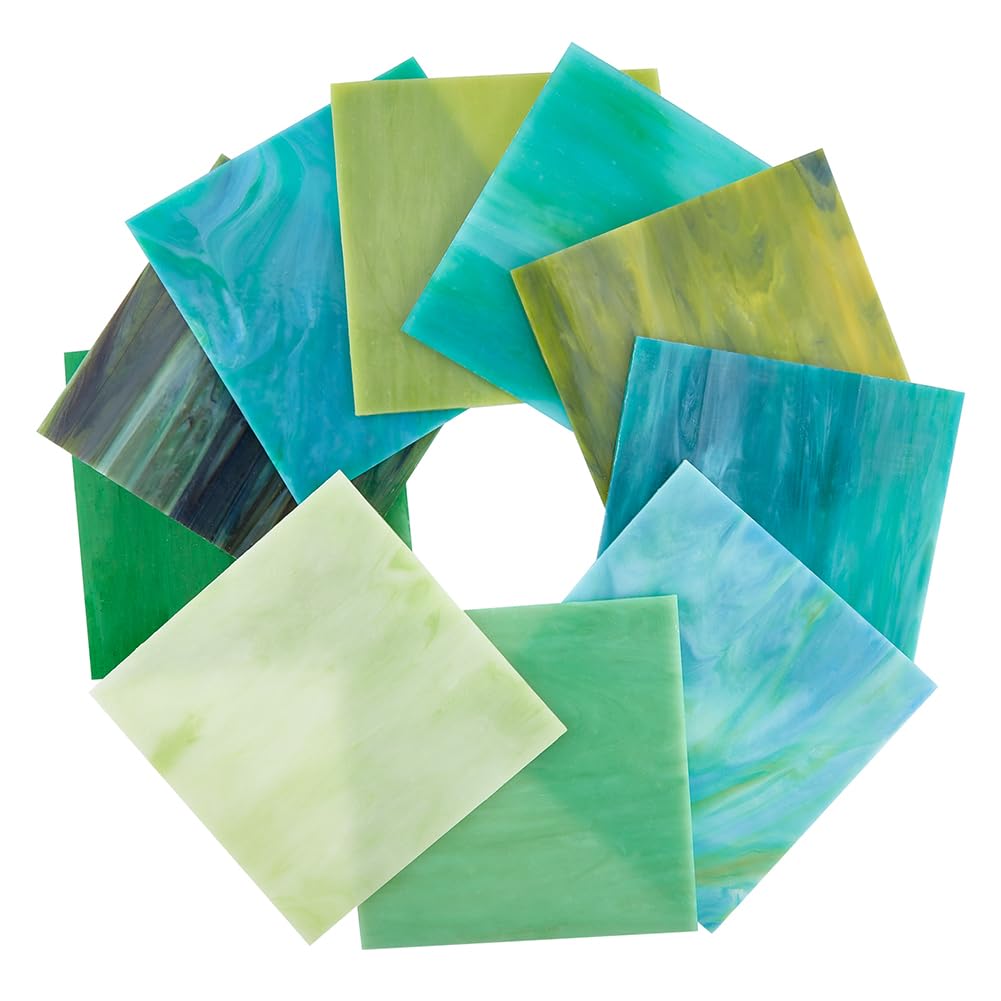 PandaHall 10 Hojas Vidrio de 10 Colores 10x10cm Grandes mosaicos de Vidrio de Catedral Azulejos de Mosaico de Variedad Verde y Azul para proyectos de Pasatiempos de Vidrio y mosaicos