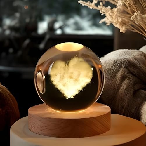Image of 3D Love Heart Crystal Ball Night Lamp for Couple, Light Lamp with Wooden Base for Lovers, Mothers Day, Birthday (Love Heart)