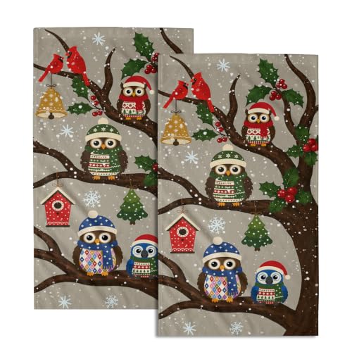 Giwawa Christmas Owl Towels 2PCs Xmas Red Birds Larger Hand Face Towel Winter Tree Berries Absorbent Microfiber Fingertip Towels Soft Guest Face Towel for Bathroom Spa Home Decor