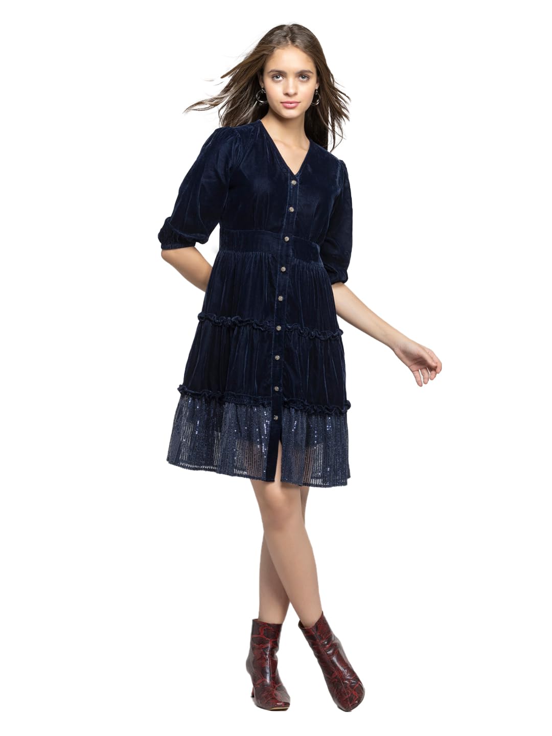 shaye V-Neck Blue Sequinned Three-Quarter Sleeves Party Dress for Women-picture-52