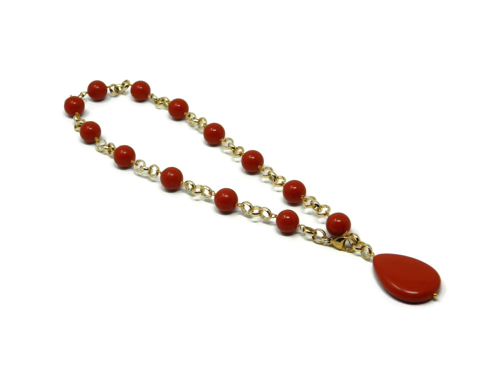 Collana girocollo donna in pasta di corallo rosso Sardegna – Palline 12 mm e goccia piatta 25x35 mm – Catena dorata 48 cm – Handmade Made in Italy – Anallergica Nickel-Free - DodiGioielli
