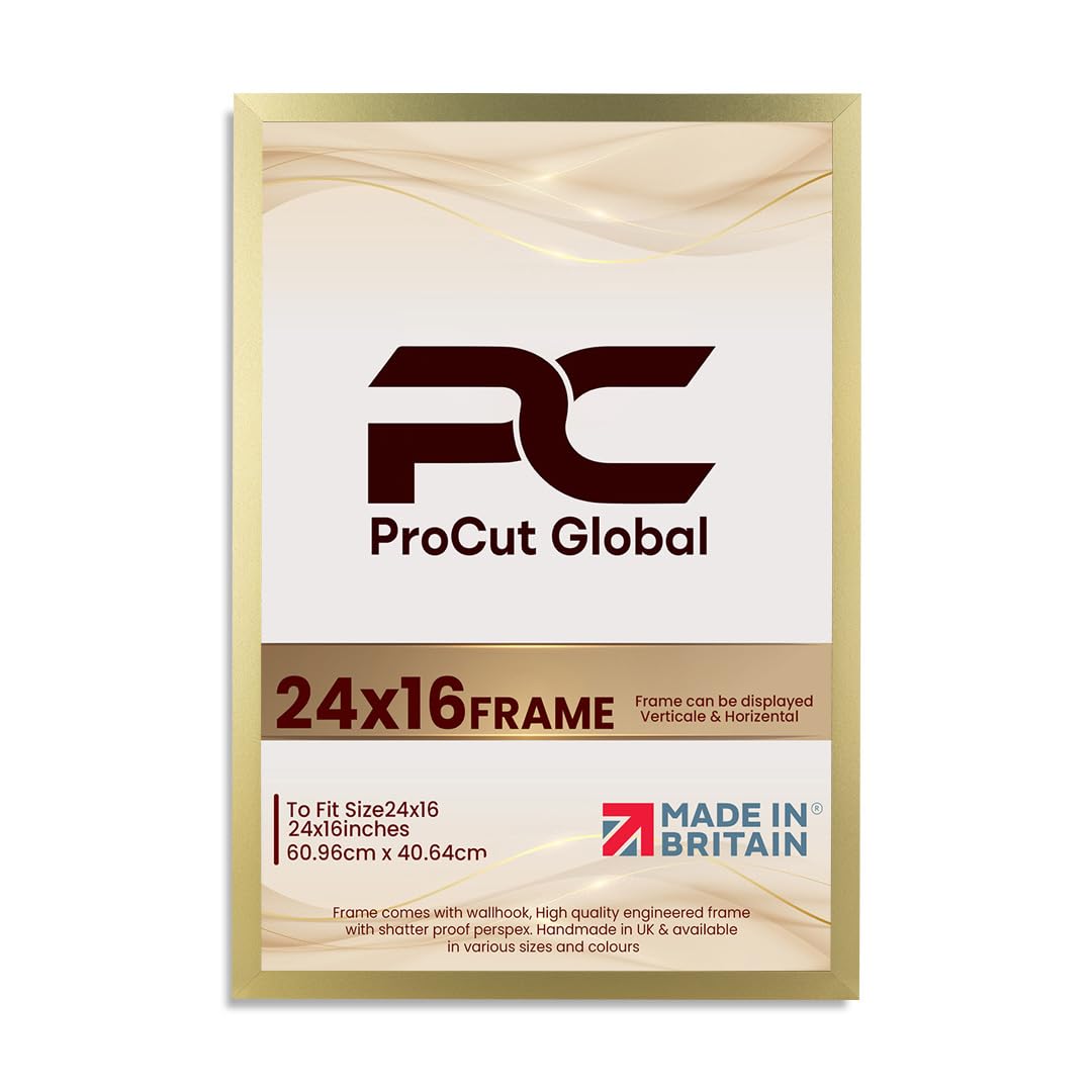 Procut Global 24X16 Gold Picture Frames – Sleek Wooden Photo Frame with Shatterproof Perspex for Wall or Tabletop – Perfect for Posters, Certificates, Prints–Multiple Sizes & Colors Available