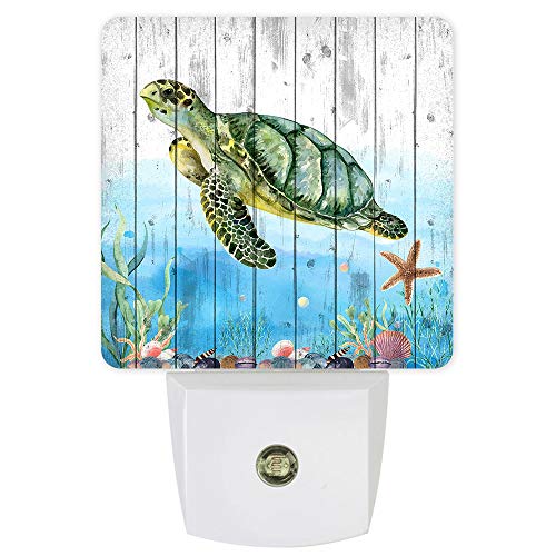 Image of Plug-in Night Light Lamp with Sensor,Ocean Life Sea Turtle,Wall LED Nightlights Auto Dusk to Dawn Sensor for Bedroom,Baby Nursing,Bathroom,Kids Room,Kitchen,Hallway,Stairs Decor Wooden Texture