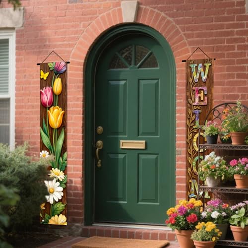 Image of Nuxovilar Welcome Floral Wooden Porch Banners 12x70 Inches Polyester