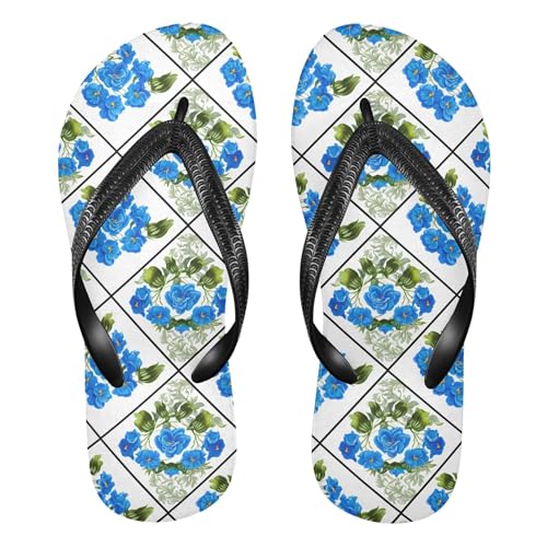 Burbuja Blue Flowers in Shaped Lattice Flip Flops for Women Men, Soft Thong Sandals Rubber Slippers for Pool Beach Essentials