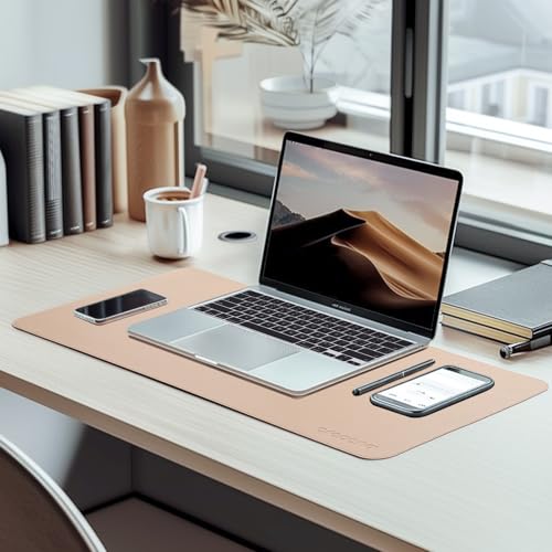 Image of AROPANA Vegan Leather Desk Mat | Large Reversible Mouse Pad & Computer Table Protector | Dual-Side Waterproof Extended Laptop Pad with Edge-Stitched Design (70x35CM, Apricot and Orange)