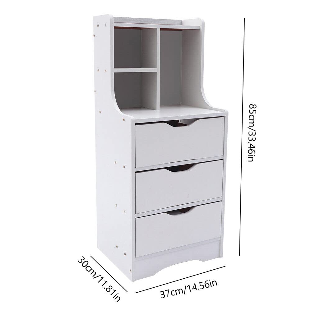 White Vertical 3-Drawer Bedside Cabinet - Modern Nightstand With Storage Shelf For Bedroom