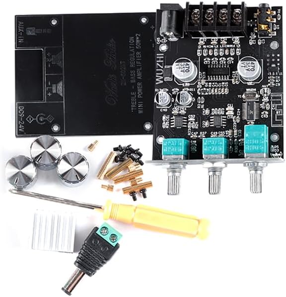 Top view of the ZK-502MT amplifier board with components and control knobs
