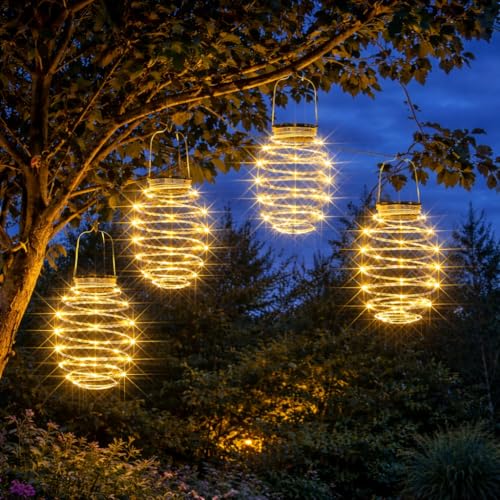 Festive Lights Suspensions Spirales Lumineuses Solaires Effet Lanterne Éclairage 64 LED (Lot de 4) pour la Décoration Extérieure du Jardin - 19cm