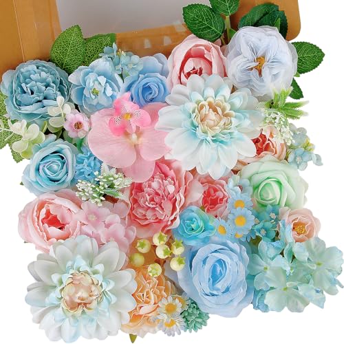 Artificial Flowers Combo Box Set Baby Blue Pink Silk Roses Dahlia Peonies Greenery with Stems DIY Pastel Rainbow Bridal Shower Wedding Bouquets Floral Arrangements Table Centerpieces Party Decor