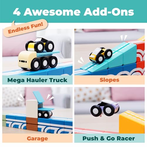 Image of QBI Magnetic Cube Track Set, 4-in-1 Race Car Track Blocks, Kids Ages 3+ | 36-Pc Magnetic Cube Blocks & 3D Track, 60 Challenge Cards, ABS Lead-Free Printing, Montessori STEM Play, Birthday Gift