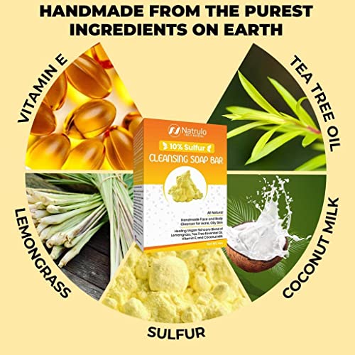 10% Sulfur Soap Cleansing Bar For Face & Body – All Natural Facial Cleanser For Acne, Oily Skin – Healing Skincare Blend Of Lemongrass, Tea Tree Essential Oil, Vitamin E, Coconut Milk – Made In Usa #TOP3
