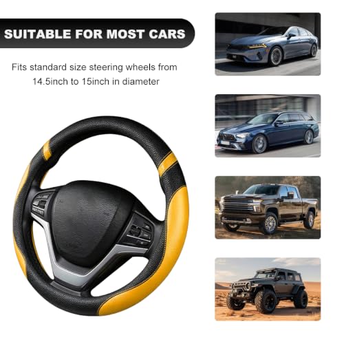 Image of Car Steering Wheel Cover, 15 Inch Premium Leather Breathable Non-Slip Wheels Wrap, Universal Auto Comfortable Steering Wheel Protector for SUV Truck Van, Car Accessories (Yellow)