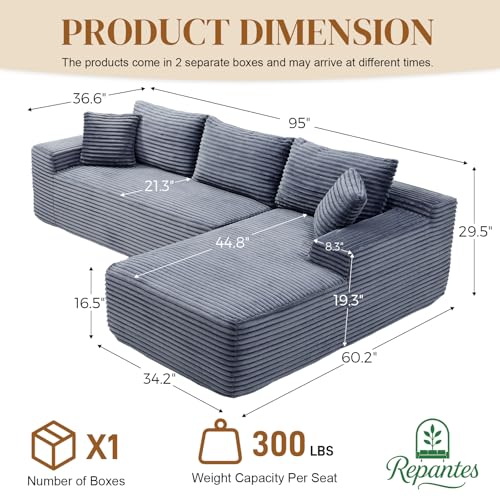 Image of 95 inch L Shaped Boneless Sectional Couches, Wide Armrest, Deep Seat, Memory Foam, Assembly Free, Modern Comfy Corduroy Fluffy Cloud Sofa with Right Chaise for Living Room, Small Spaces, Grey
