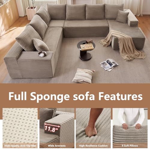 Image of Oversized Modular Sectional Sofa Couch, Large 6 Seater Corner Sofa Modern U Shaped Sectional Couch Cloud Couches for Living Room, Office, Spacious Space, Corduroy, No Assembly Required, Camel