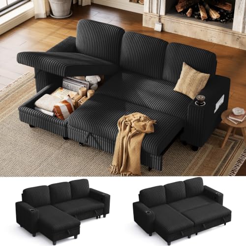 Image of LINSY HOME Sectional Sleeper Sofa Couch with Storage Chaise & USB Charging, Plush Corduroy Convertible Pullout Sofa Bed, Modular Sectional Couches for Living Room Bedroom (Black, 81'' L-Shaped Sofa)
