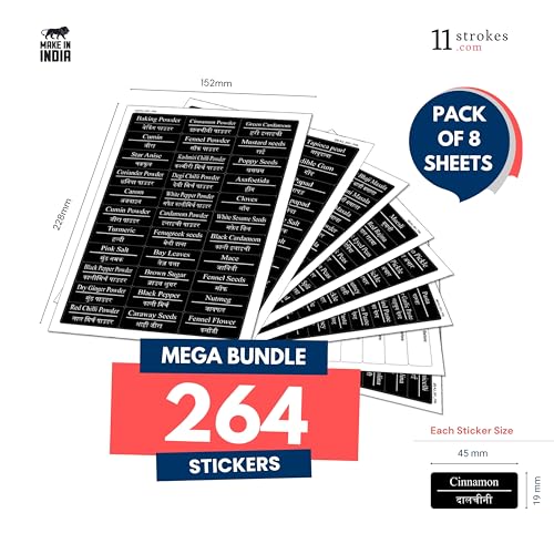 Image of 11 Strokes Pack Of 260 Pcs Printed Kitchen Stickers For Jars -Waterproof,Pre-Printed Stickers For Kitchen Containers-Labels For Kitchen Containers,260 Labels