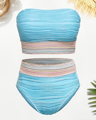 Image of High Waisted Bandeau Bikini Set - Women Strapless Two Piece Swimsuits Ribbed Longline Full Coverage Bathing Suits Swimwear