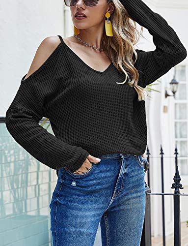 OURS Waffle Knit Sweater Shirts for Women Long Sleeve Black