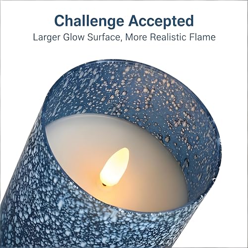 Image of Blue Flameless Candles with Remote, Real Wax Glass Battery Operated Candles with Timer, LED Pillar Candle for Bedroom Home Wedding Birthday Party Fall Halloween Christmas Decorations, Set of 3