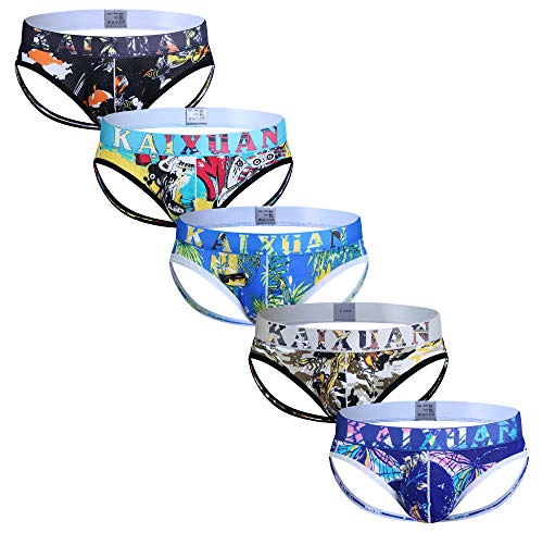 ARCITON Men's Low Rise Jock Strap Printed Thong Underwear Large(Waist: 29"- 32") 5 Colors/Pack