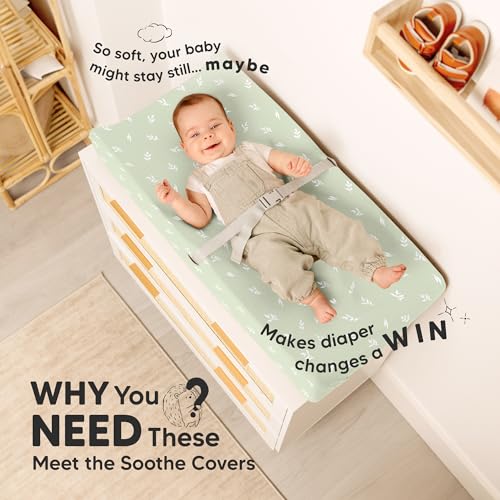 Image of 2-Pack Organic Changing Pad Covers for Girl, Boy, Neutral - 100% Cotton Changing Table Pad Cover, Soft Baby Nursery Diaper Changing Pad Sheets, Contour Changing Pads Liners, Change Pad Cover (Herb)