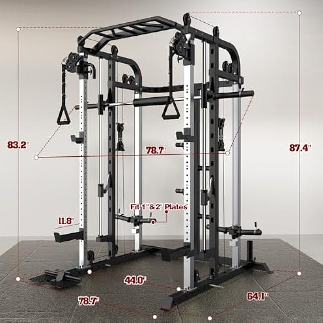 Smith Machine, Multifunctional Power Cage Rack with Smith Bar and Cable Pulley System, and LAT Pull Down Machine for Home Gym¡