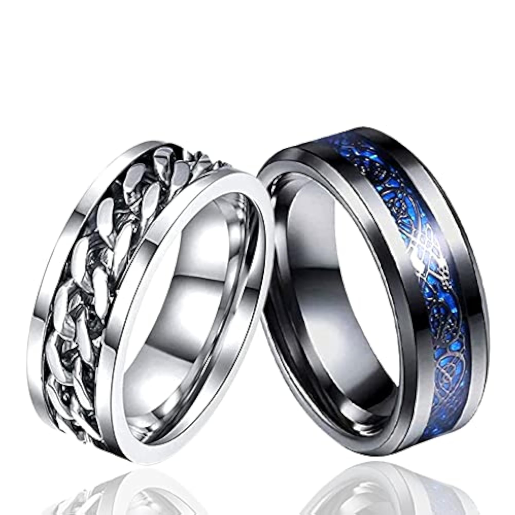 Stainless Steel Spinner Ring with Blue Dragon, Men's Adjustable