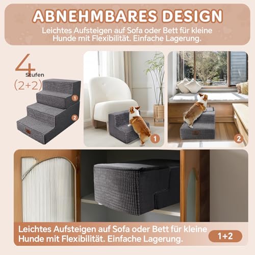 Sytopia Hundetreppe Große Hunde 4 Stufen Hoch, Hundetreppe für Bett Sofa 50cm, Haustiertreppe waschbar, hochdichter Schaumstoff, für verletzte ältere Hunde (46cm Höhe, Grau)