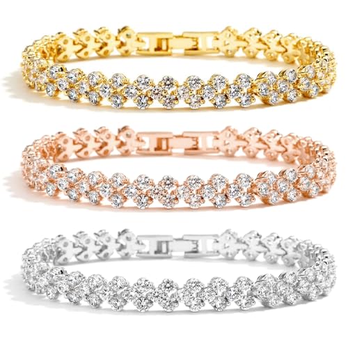 SAIIURV 3 Pezzi Bracciali per Donne, Argento Oro e Oro Rosa Diamond Strass Bracciale Classico Compleanno Ragazza Regali di Natale per Donne...