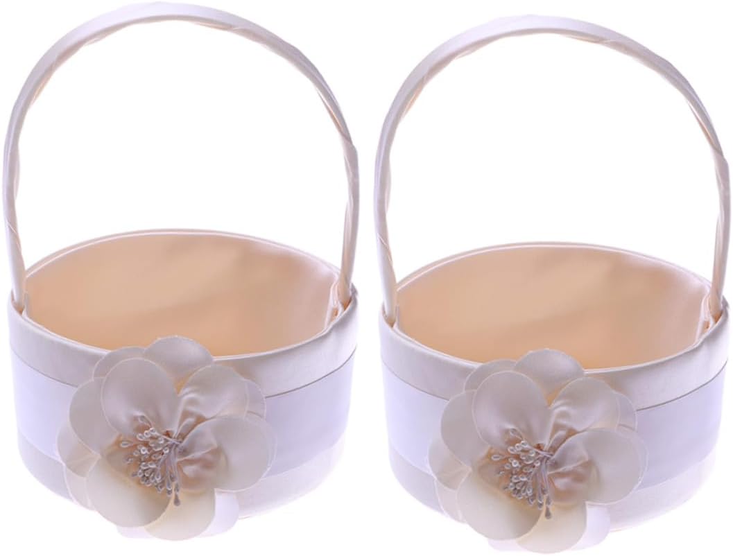 GALPADA Wedding Flower Girl Basket Set of 2 Elegant Satin Floral Petal Basket for Wedding Ceremony and Bridal Party Supplies
