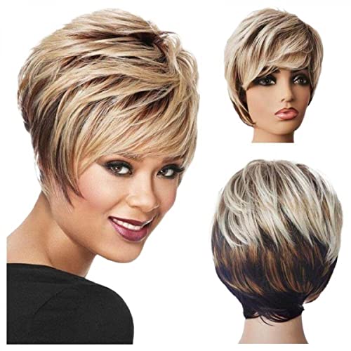 Women's Golden Short Straight Hair Wig, Fluffy Golden Mixed Color Gradient Fringe Short Curl Wig, High-temperature Silk Wig