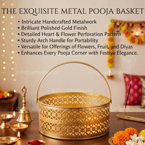 Image of Multipurpose Metal Basket For Gift Hamper, Pooja Temple Storage With Sturdy Handle, Decorative Flower Organizer & Versatile Puja Utility Accessories Home Decoration (Round Double Jali)