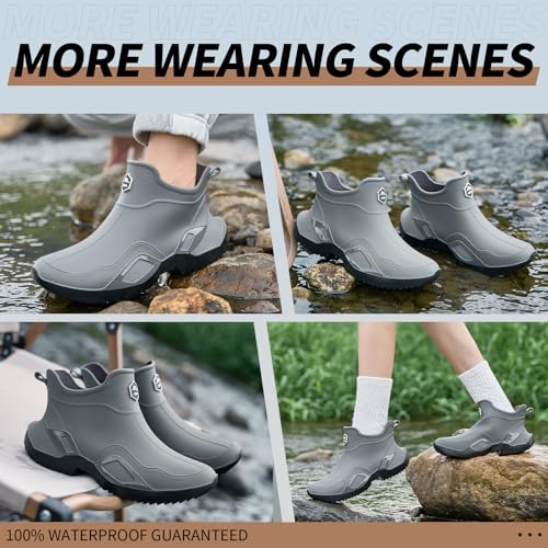Image of Men's Ankle Rain Boots - Slip On Waterproof Garden Shoes - Comfortable Lightweight black&grey Rubber Fishing shoes