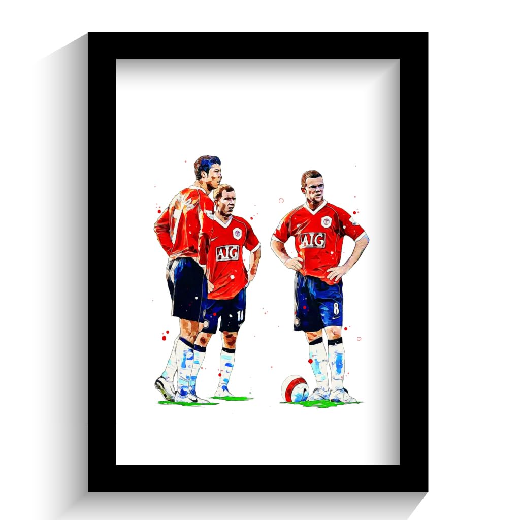 The Football Print Room MANCHESTER UNITED | MAN UTD | CRISTIANO RONALDO | WAYNE ROONEY | PAUL SCHOLES | HAND DRAWN FRAMED ILLUSTRATION PRINT POSTER