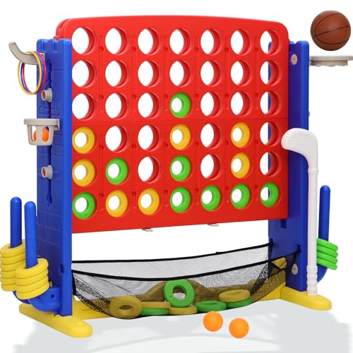 HAPPYMATY Giant 4 in A Row Game, Height Adjust Jumbo Yard Game Set for Kids & Adults with Mesh Catching Bag, Golf, Basketball Hoop & Ring Toss, 4-to-Score Connect Games for Indoor/Outdoor Fun