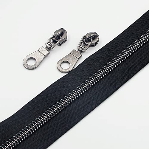 Image of Leekayer #5 Black Nickel Metallic Nylon Coil Teeth Zippers by The Yard Bulk 10 Yards Zipper Tape with 25pcs Black Nickel Sliders for DIY Sewing Tailor Craft Bag(Black)