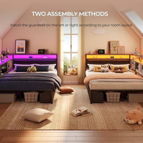 Image of OURPIC Full Size Bed Frame with Headboard and Storage Drawers, Full Metal Platform Corner Bed Frame with Charging Station and LED Lights, Heavy Duty Strong Support Slats and Easy to Assemble, Gray
