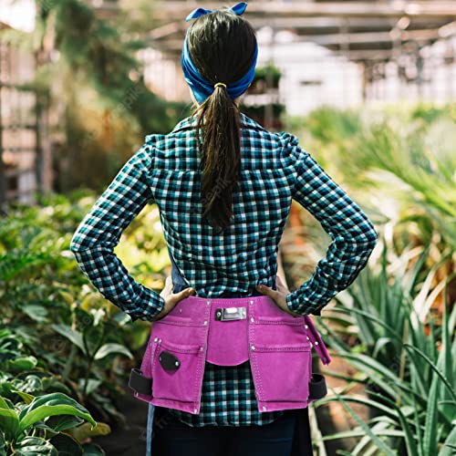 SPARES2GO Gardening Tool Belt Pink Double Leather 11 Pouch Purple Holder Adjustable Suede - Image 3