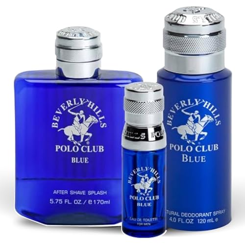 Beverly Hills Polo Club BHPC Men's Essential Collection, includes Eau De Toilette, Deodorant Body Spray & After Shave Lotion (Blue)
