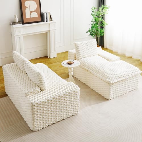Image of KEIKI 96 inch L-Shape Modular Boneless Couch with Chaise for Modern Home Bedroom Studio, Sectional Sofa Deep Seat Oversized Loveseat Convertible Bed for Apartment Furniture Lounge Relaxing Corner, White