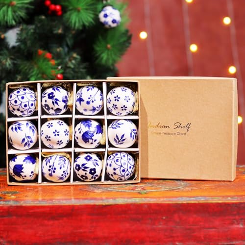 Image of IndianShelf 24 Large Blue and White Ceramic Christmas Ornaments Handpainted Vintage Unique Tree Balls for Christmas Tree Decoration with Ribbon