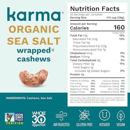 Image of Organic Cashews by Karma Nuts, Vegan, Gluten Free, Low Net Carb, Natural, Everyday Nut Snack, Great For Baking, Resealable Bulk 32oz Bag (Resealable Bulk 32oz Bag, Organic Sea Salt Wrapped Cashews)