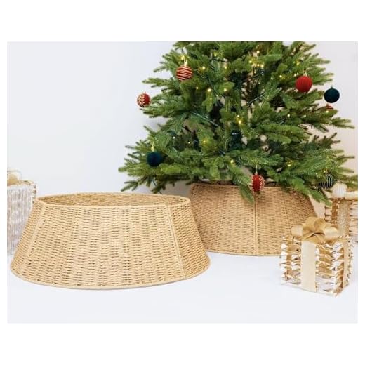 LKOOYFHE 4-Piece Rattan Christmas Tree Collar, 26" Handmade Woven Christmas Tree Ring, Xmas Tree Base Cover, Holiday Tree Skirt Accessory for Home, Living Room (Pure Natural)